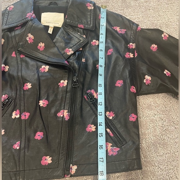 Rebecca Taylor Floriana Black Leather Jacket, Cropped, Pink Flower Print, Sz 2 - Picture 11 of 16